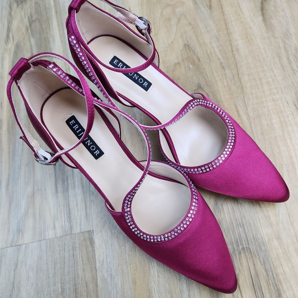☔️🩵Burgundy Satin & Rhinestone Buckled Ankle Strappy Heel Shoes Size 8 - Picture 3 of 15